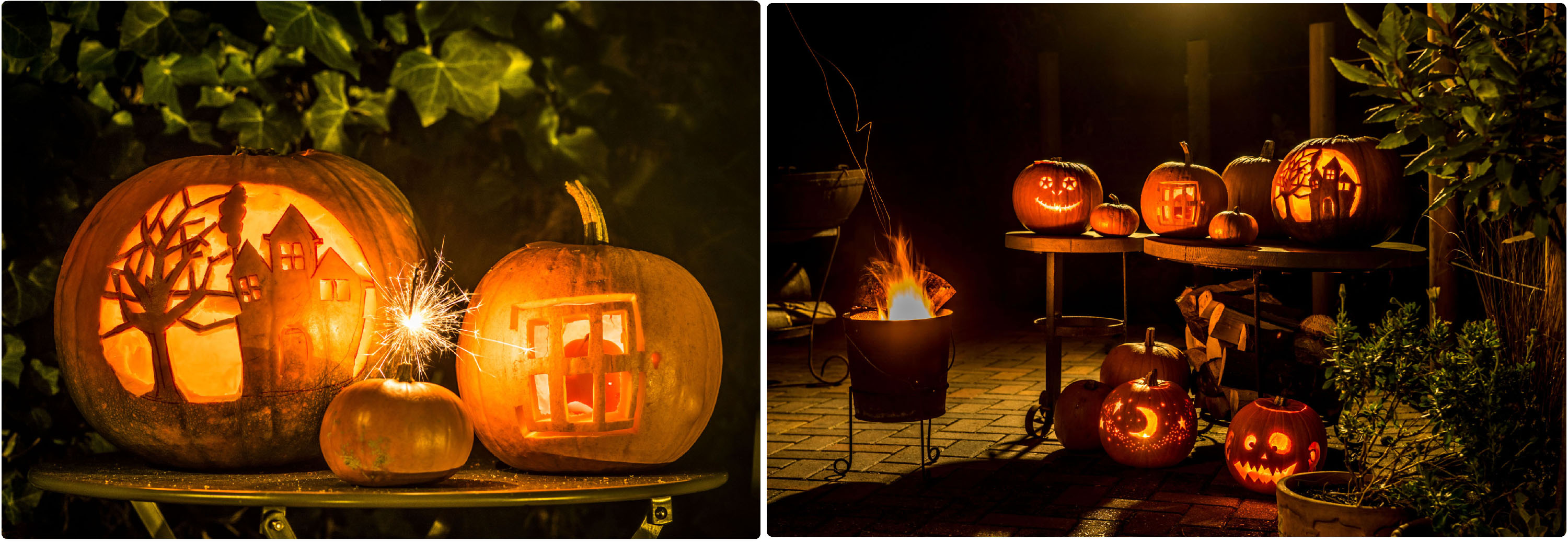 Demonstrating capturing the the warm night-time glow of halloween pumpkins.